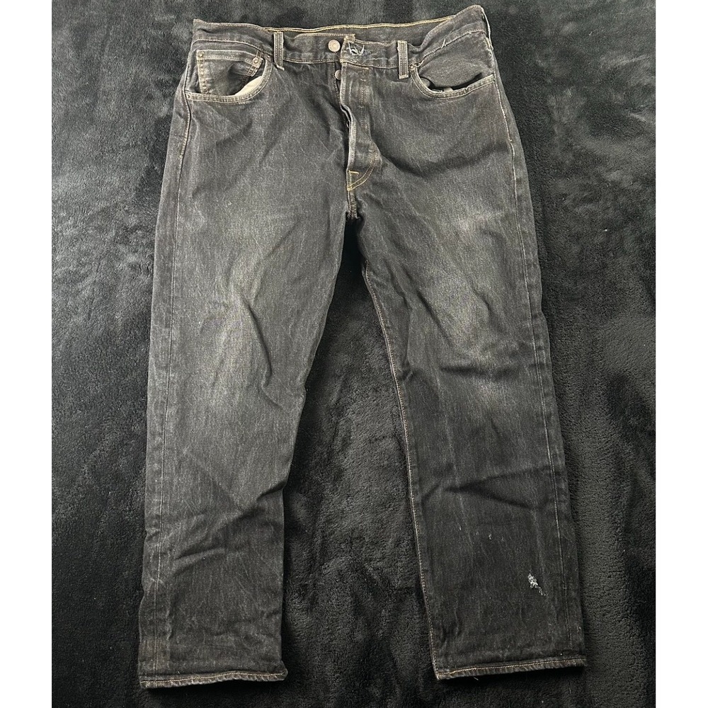 Levi Strauss 501 Jeans Mens W36 L30 Black Button Fly Denim Distressed